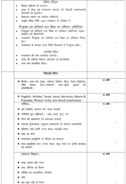 Rajasthan 3rd Grade teacher Level 1 Syllabus In Hindi 2024
